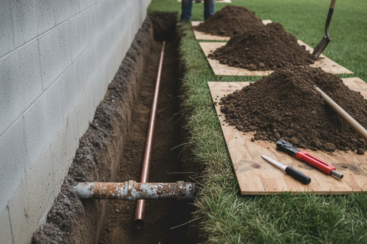 Excavated water line trench during Sewer Line Repair in Sumpter